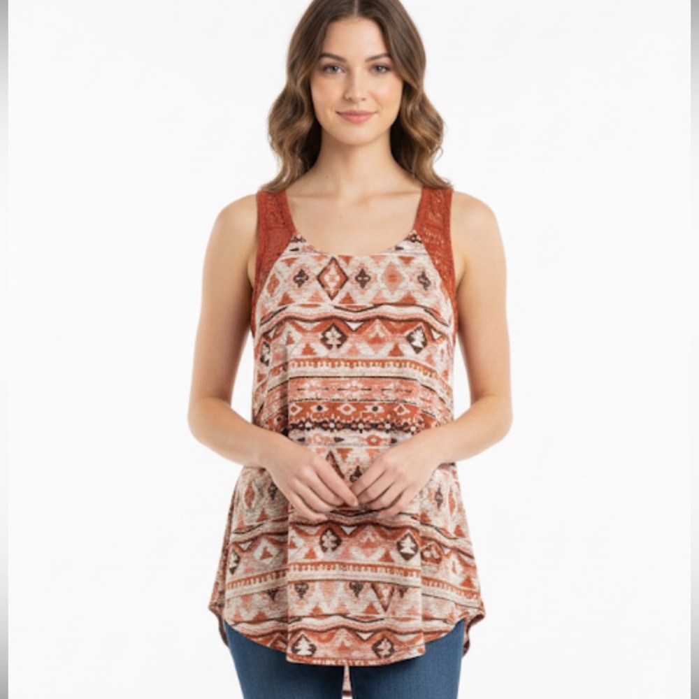 Boho Chic Sleeveless Top in Rust and Cream Sz M No Defects